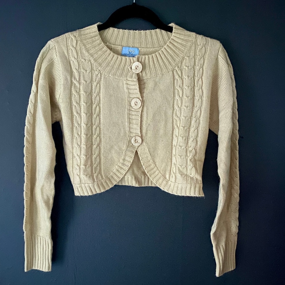 Creamy Yellow Long Sleeve Cropped Cardigan w/ Cable Knit Accents Size Large